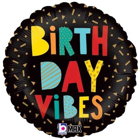 Black, Birthday Vibes • Standard Size 18" Mylar Helium Balloon