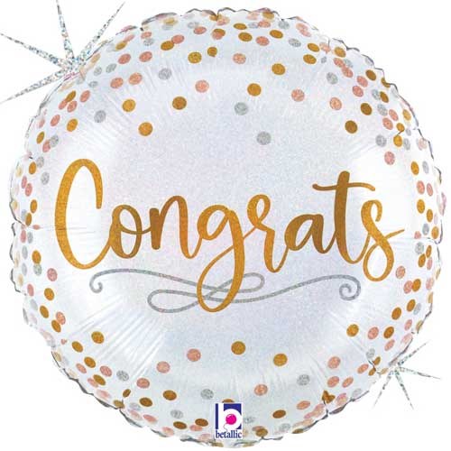 Congrats, Holographic White &amp; Gold • Standard Size 18" Mylar Helium Balloon