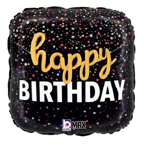 Black/Gold, Balloon Script Happy Birthday • Standard Size 18" Mylar Helium Balloon