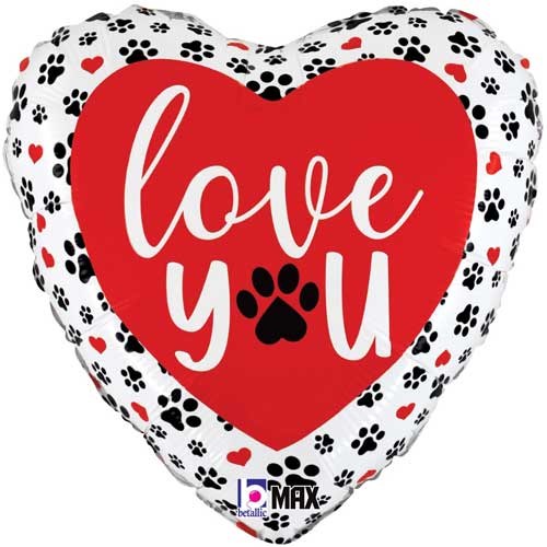 I Love You, Paw Print Heart Shape • Standard 18" Mylar Helium Balloon