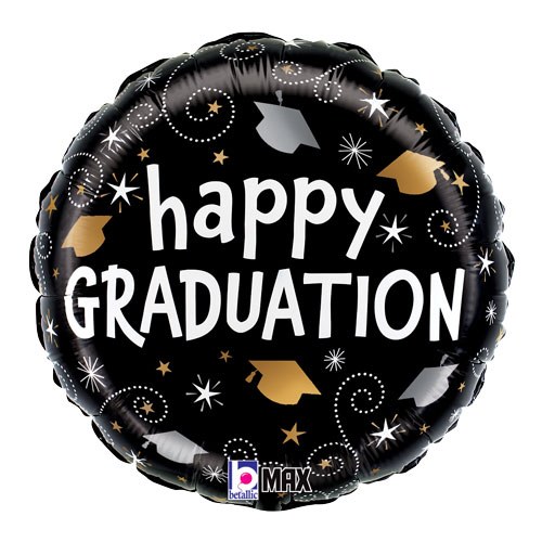 Black/Gold Happy Graduation Caps Round • Standard Size 18" Mylar Helium Balloon