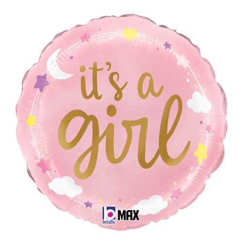 Pink, It's A Girl • Stars &amp; Clouds • Standard Size 18"Mylar Helium Balloon