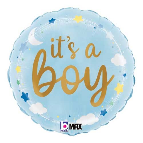 Blue, It's A Boy • Stars &amp; Clouds • Standard Size 18" Mylar Helium Balloon