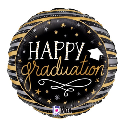 Black/Gold Happy Graduation Stripes Round • Standard Size 18" Mylar Helium Balloon