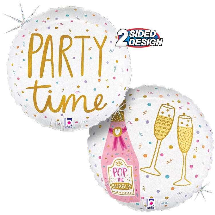 Champagne, Holographic Pink Bubbly Party Time • Standard Size 18" Mylar Helium Balloon