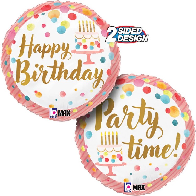 Party Time, Happy Birthday Cake • Standard Size 18" Mylar Helium Balloon