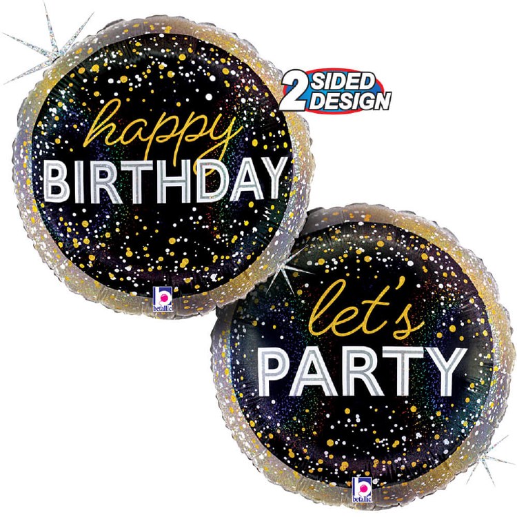 Black/Gold Holographic Confetti, Happy Birthday Round • Standard Size 18" Mylar Helium Balloon