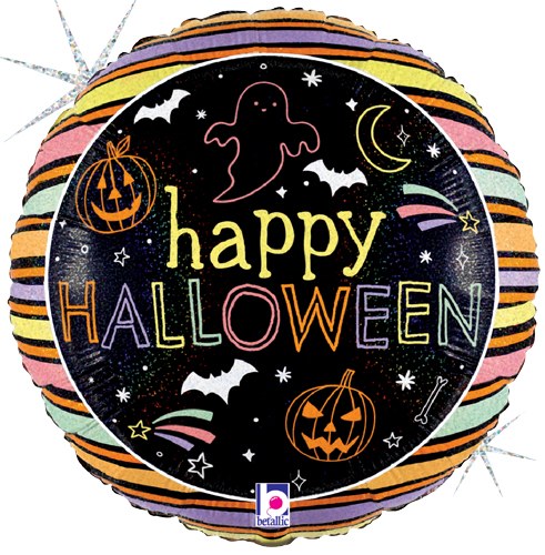 Happy Halloween, Glitter Stripes Round • Standard Size 18" Mylar Helium Balloon