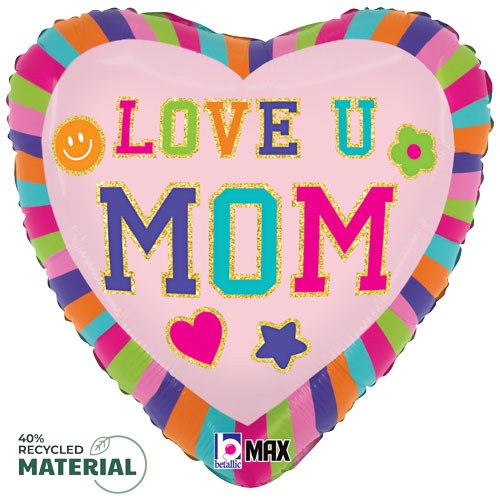Patches Love You Mom Heart Shape • Standard Size 18" Mylar Helium Balloon
