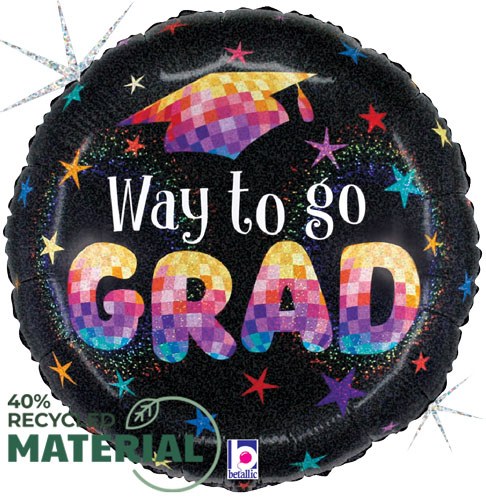 Black/Colorful Disco Stars, Way To Go Grad Holographic Round • Standard Size 18" Mylar Helium Balloon