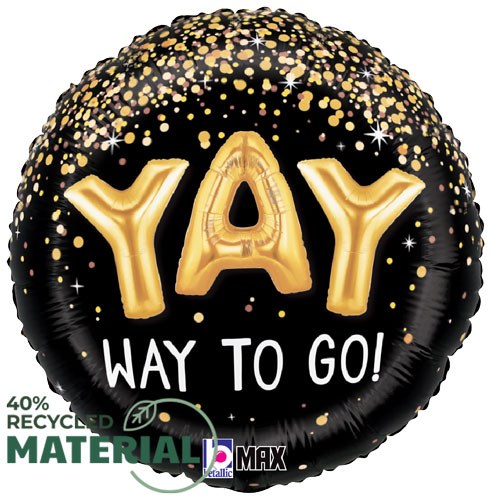 Yay Way To Go, Balloon Lettering w/ Gold Confetti Round • Standard Size 18" Mylar Helium Balloon