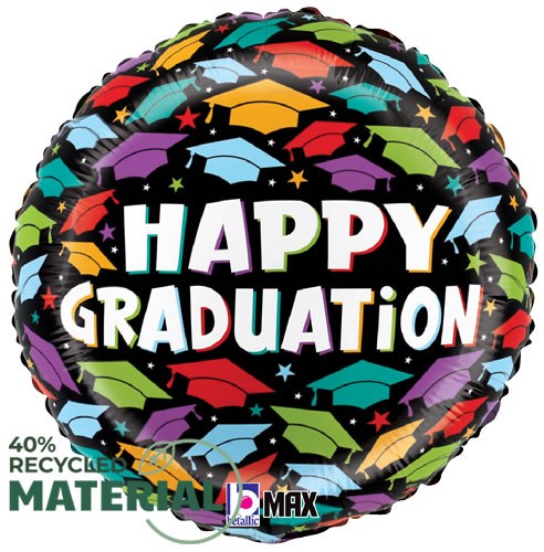 Black/Colorful Happy Graduation Caps Round • Standard Size 18" Mylar Helium Balloon