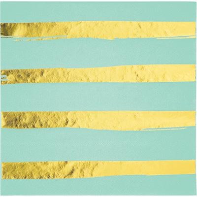 Mint w/ Gold Foil Stripes Lunch Napkins ~ 16 Count
