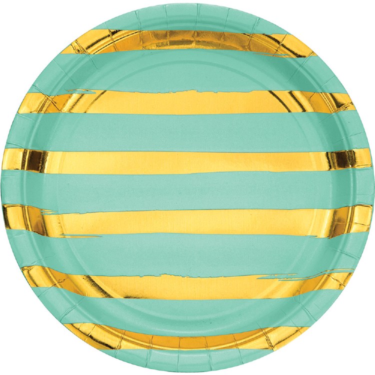 Mint w/ Gold Foil Stripes 9in. Paper Plates ~ 8 Count