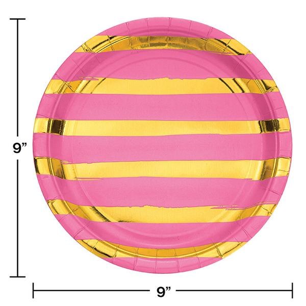 Pink w/ Gold Foil Stripes 9in. Paper Plates ~ 8 Count