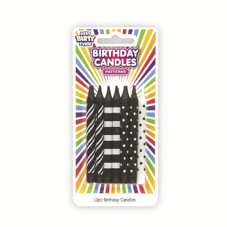 Black and White Assort Pattern Birthday Candles • 12 Count