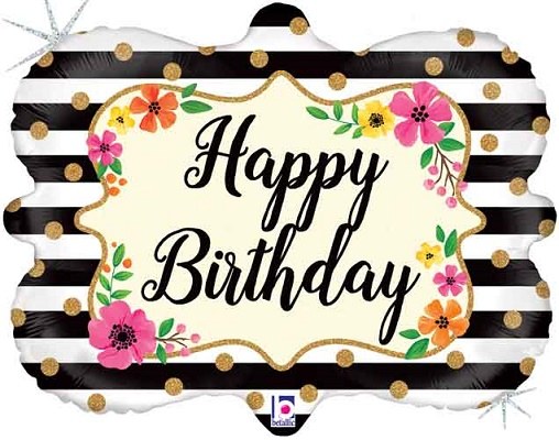 Jumbo Happy Birthday ~ Black &amp; White Striped Holographic Floral Frame Mylar {special order only} ~ 30"