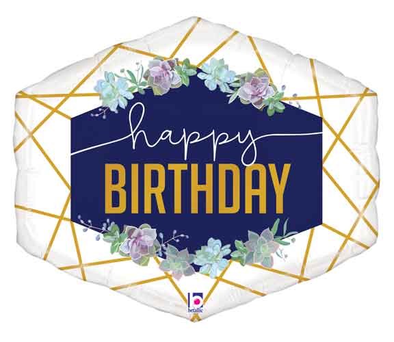 Jumbo Navy &amp; Gold Geometric Succulant Happy Birthday ~ 30"