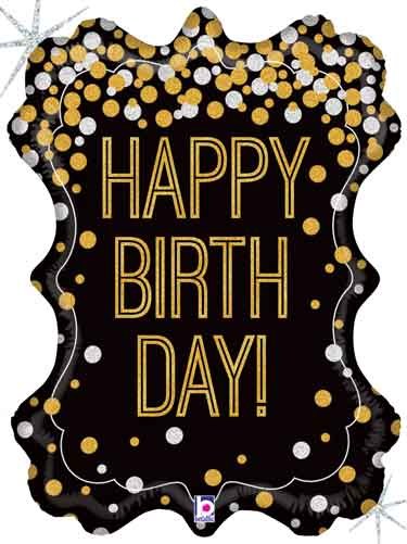 Jumbo Happy Birthday Holographic Elegant Black &amp; Gold Frame Mylar ~ 34"