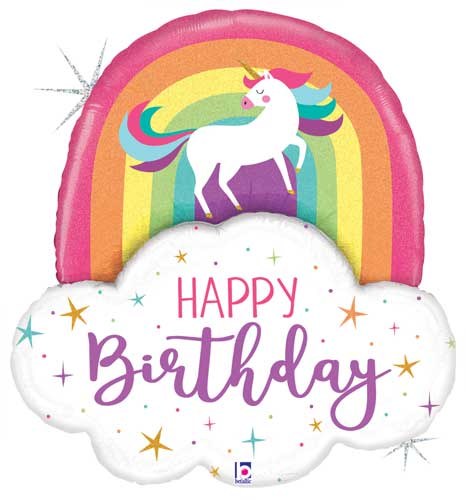 Unicorn, Happy Birthday Holographic Rainbow Shape • Jumbo 35" Mylar Helium Balloon