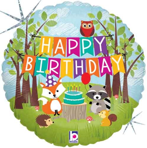 Woodland Critters, Happy Birthday • Standard Size 18" Mylar Helium Balloon