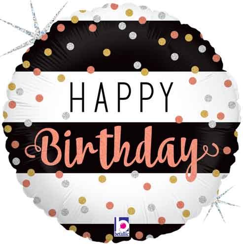 Black/White Stripe w/ Rose Gold Confetti Holographic Happy Birthday Round • Standard Size 18" Mylar Helium Balloon