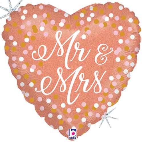 Mr. &amp; Mrs. Holographic Rose Gold Heart • Standard Size 18" Mylar Helium Balloon
