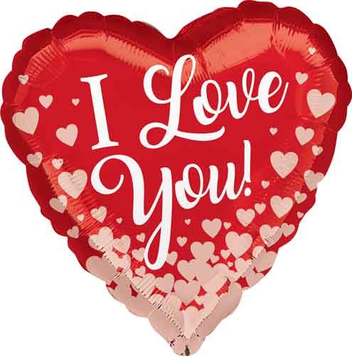 I Love You, Red Heart Shape w/ Rose Gold Heart Confetti • Standard 18" Mylar Helium Balloon