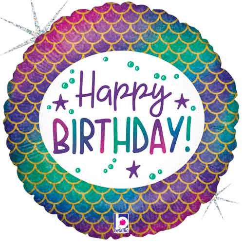 Ocean • Mermaid Scales, Happy Birthday • Standard Size 18" Mylar Helium Balloon