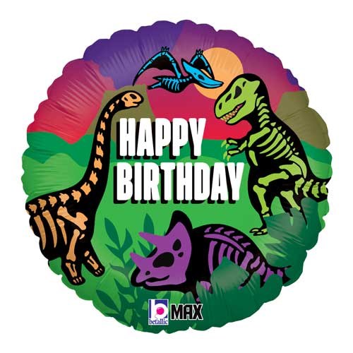 Dinosaur, Colorful Skeletons Happy Birthday • Standard Size 18" Mylar Helium Balloon
