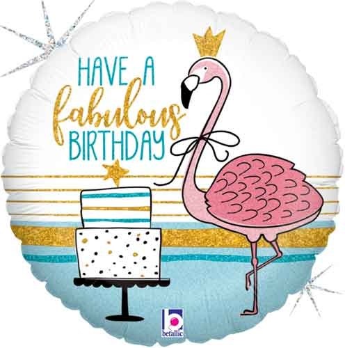 Bird, Flamingo Happy Birthday Fabulous Holographic Round • Standard 18" Mylar Helium Balloon
