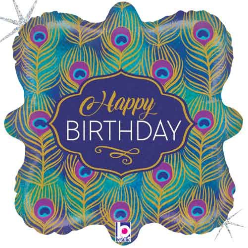 Bird, Peacock Feathers Holographic Happy Birthday Ornate Shape • Standard Size 18" Mylar Helium Balloon