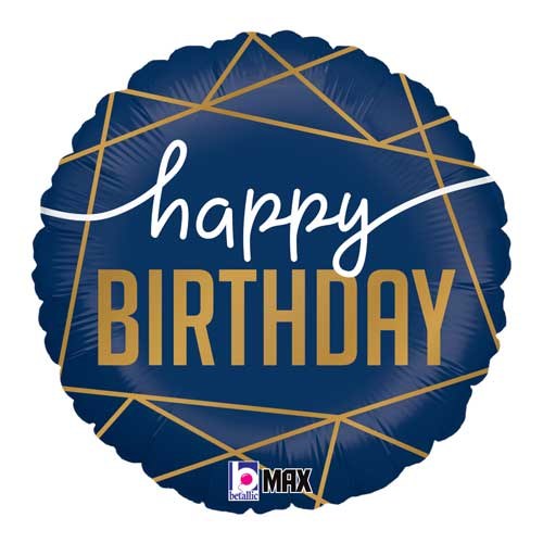 Navy/Gold Geometric Happy Birthday Round • Standard Size 18" Mylar Helium Balloon