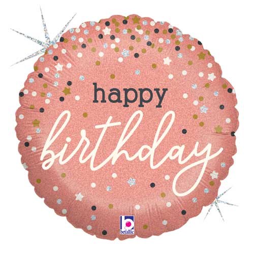 Rose Gold Holographic Confetti Happy Birthday Round • Standard Size 18" Mylar Helium Balloon