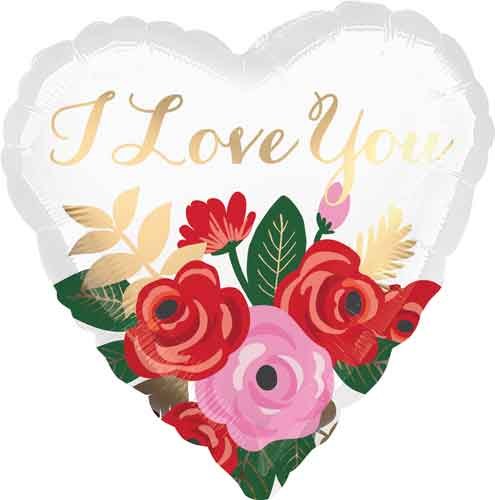 I Love You, White Heart Shape w/ Satin Roses • Standard 18" Mylar Helium Balloon