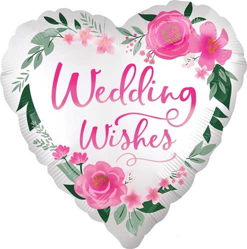 Wedding Wishes, Pink &amp; White Satin Heart • Standard Size 18" Mylar Helium Balloon
