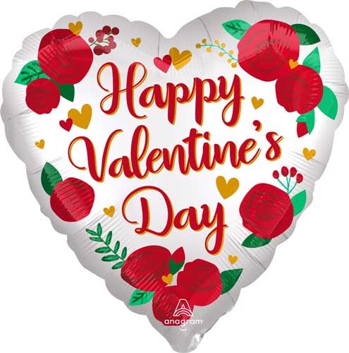Happy Valentine's Day, White Heart Shape w/ Satin Roses • Standard Size 18" Mylar Helium Balloon