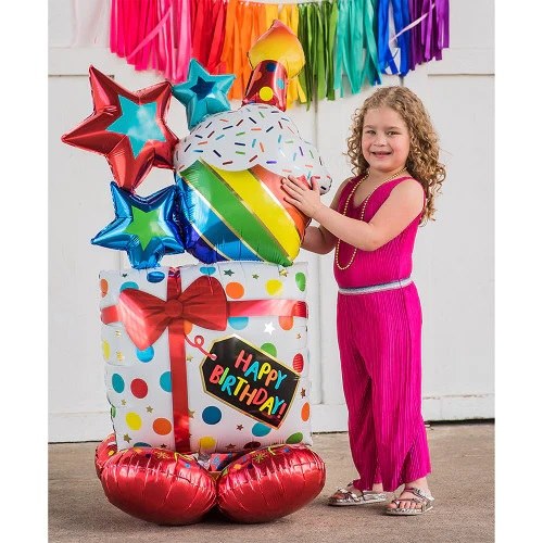 AirLoonz, Happy Birthday Present &amp; Cake • Freestanding Mega Jumbo 4½' Mylar AirFill Balloon