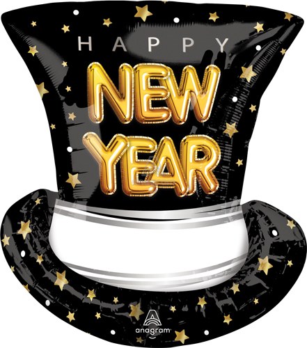 Happy New Year, Top Hat Elegance • Jumbo 24" Mylar Helium Balloon