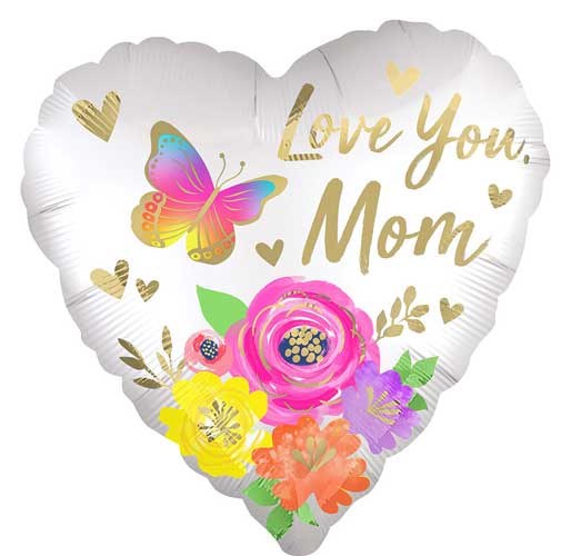Love You Mom Satin Flora Heart Shape • Jumbo 28" Mylar Helium Balloon