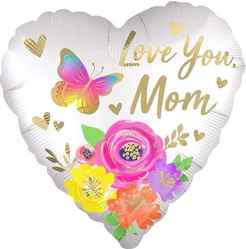 Love You Mom Satin Floral Heart Shape • Standard Size 18" Mylar Helium Balloon