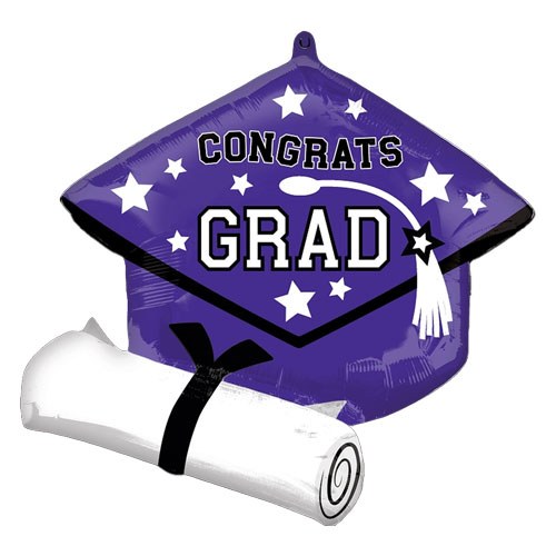 School Spirit Congrats Grad Cap &amp; Diploma Shape, Purple • Jumbo 25" Mylar Helium Balloon