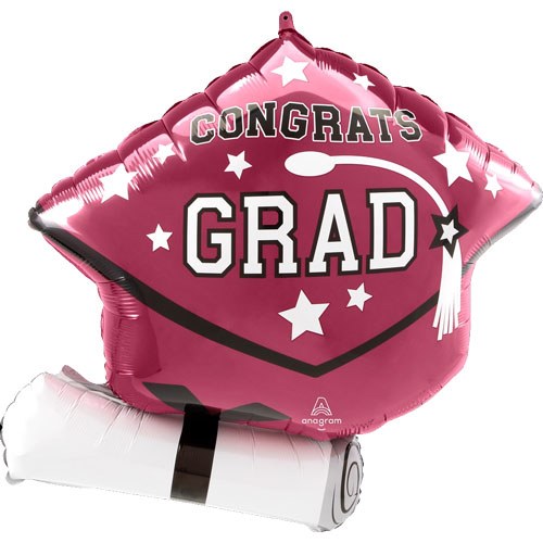 School Spirit Congrats Grad Cap &amp; Diploma Shape, Berry • Jumbo 25" Mylar Helium Balloon