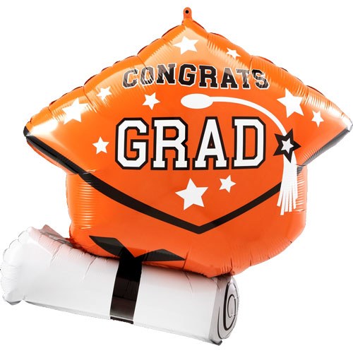 School Spirit Congrats Grad Cap &amp; Diploma Shape, Orange • Jumbo 25" Mylar Helium Balloon