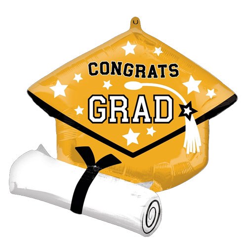 School Spirit Congrats Grad Cap &amp; Diploma Shape, Gold • Jumbo 25" Mylar Helium Balloon