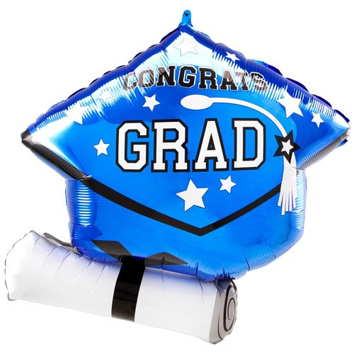 School Spirit Congrats Grad Cap &amp; Diploma Shape, Blue • Jumbo 25" Mylar Helium Balloon
