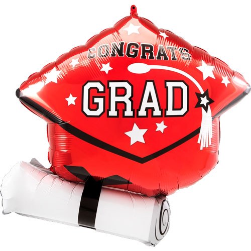 School Spirit Congrats Grad Cap &amp; Diploma Shape, Red • Jumbo 25" Mylar Helium Balloon
