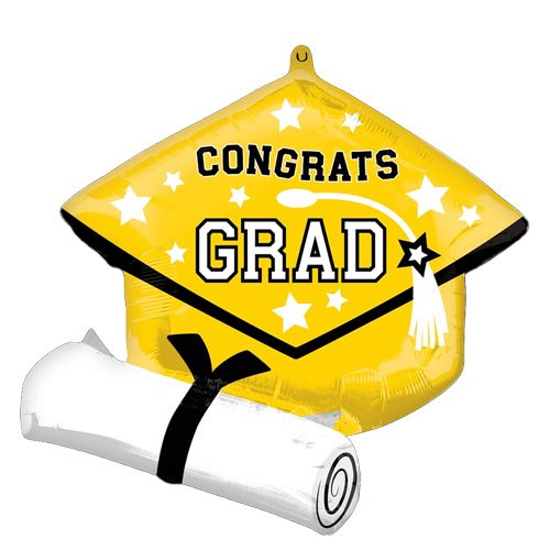 School Spirit Congrats Grad Cap &amp; Diploma Shape, Yellow • Jumbo 25" Mylar Helium Balloon