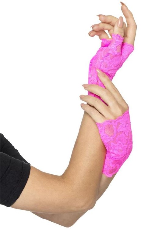 Neon Pink Lace Fingerless Gloves