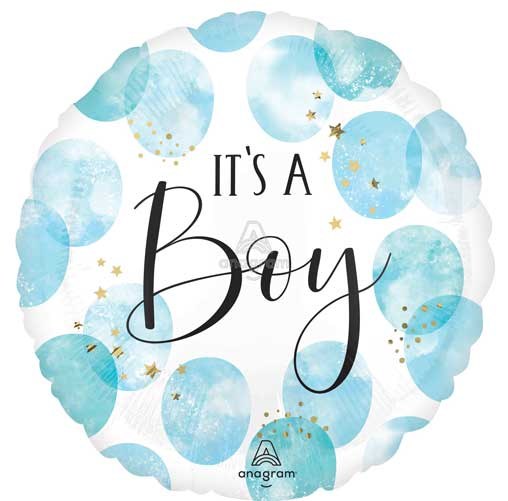 Blue, It's A Boy • Modern Watercolors • Standard Size 18" Mylar Helium Balloon